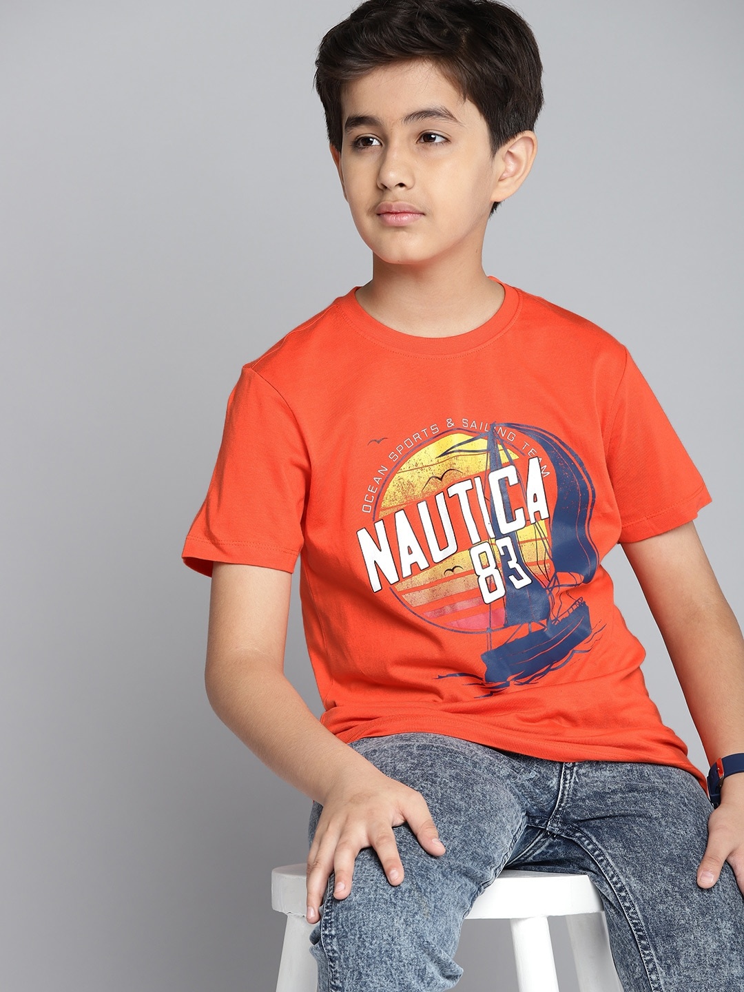

Nautica Boys Orange Brand Logo Print Round Neck Pure Cotton T-shirt