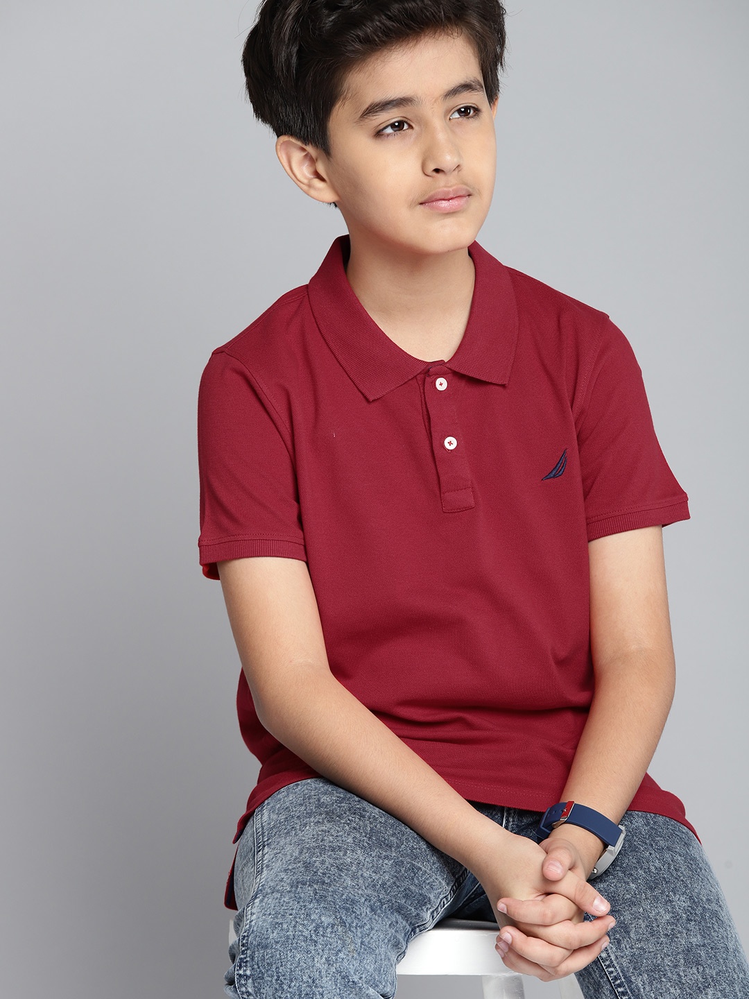 

Nautica Boys Maroon Solid Polo Collar Embroidered Pure Cotton T-shirt