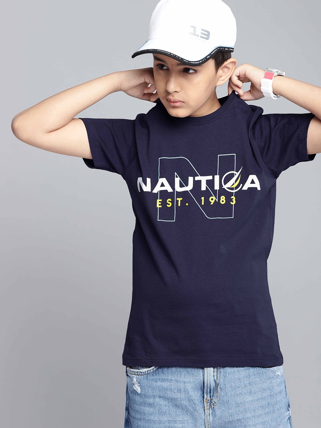 

Nautica Boys Navy Blue Brand Logo Print Round Neck Pure Cotton T-shirt