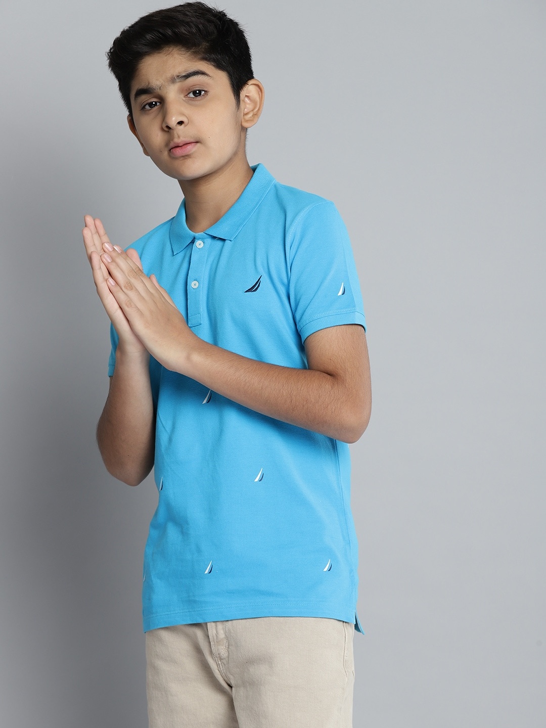 

Nautica Boys Blue Brand Logo Print Polo Collar Pure Cotton T-shirt