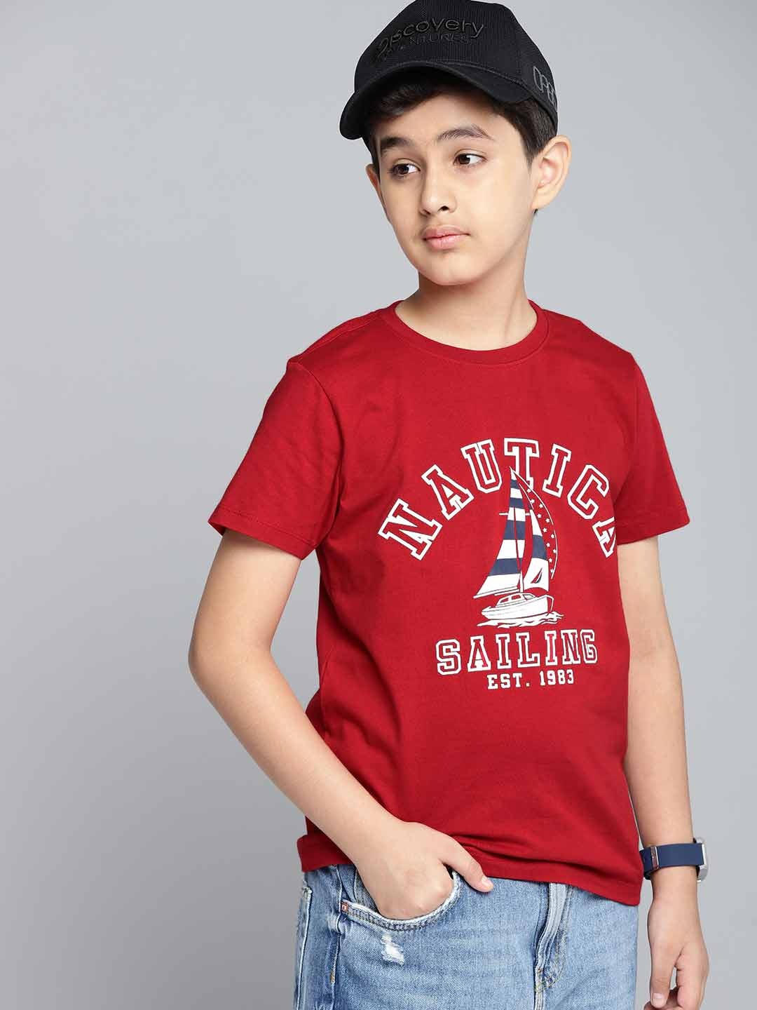 

Nautica Boys Red Brand Logo Print Round Neck Regular Sleeves Pure Cotton T-shirt