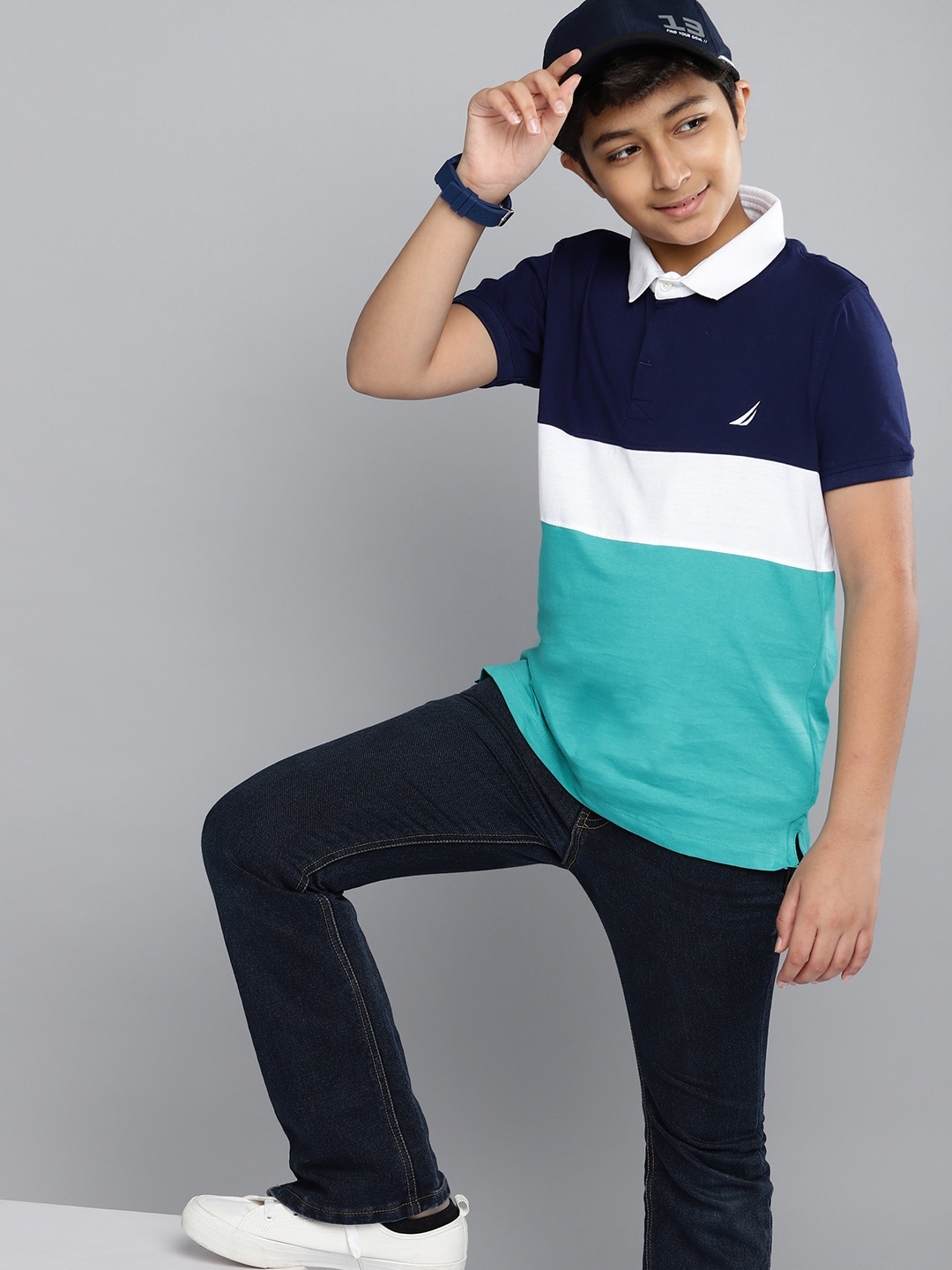 

Nautica Boys Blue & White Colourblocked Cotton Polo Collar T-shirt