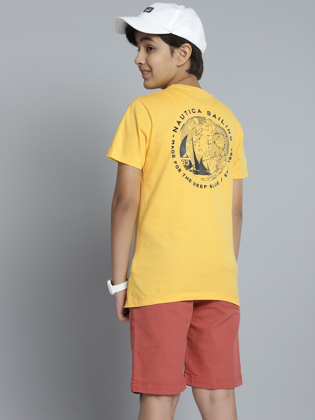 

Nautica Boys Yellow & Navy Blue Pure Cotton Graphic Brand Logo Print T-shirt