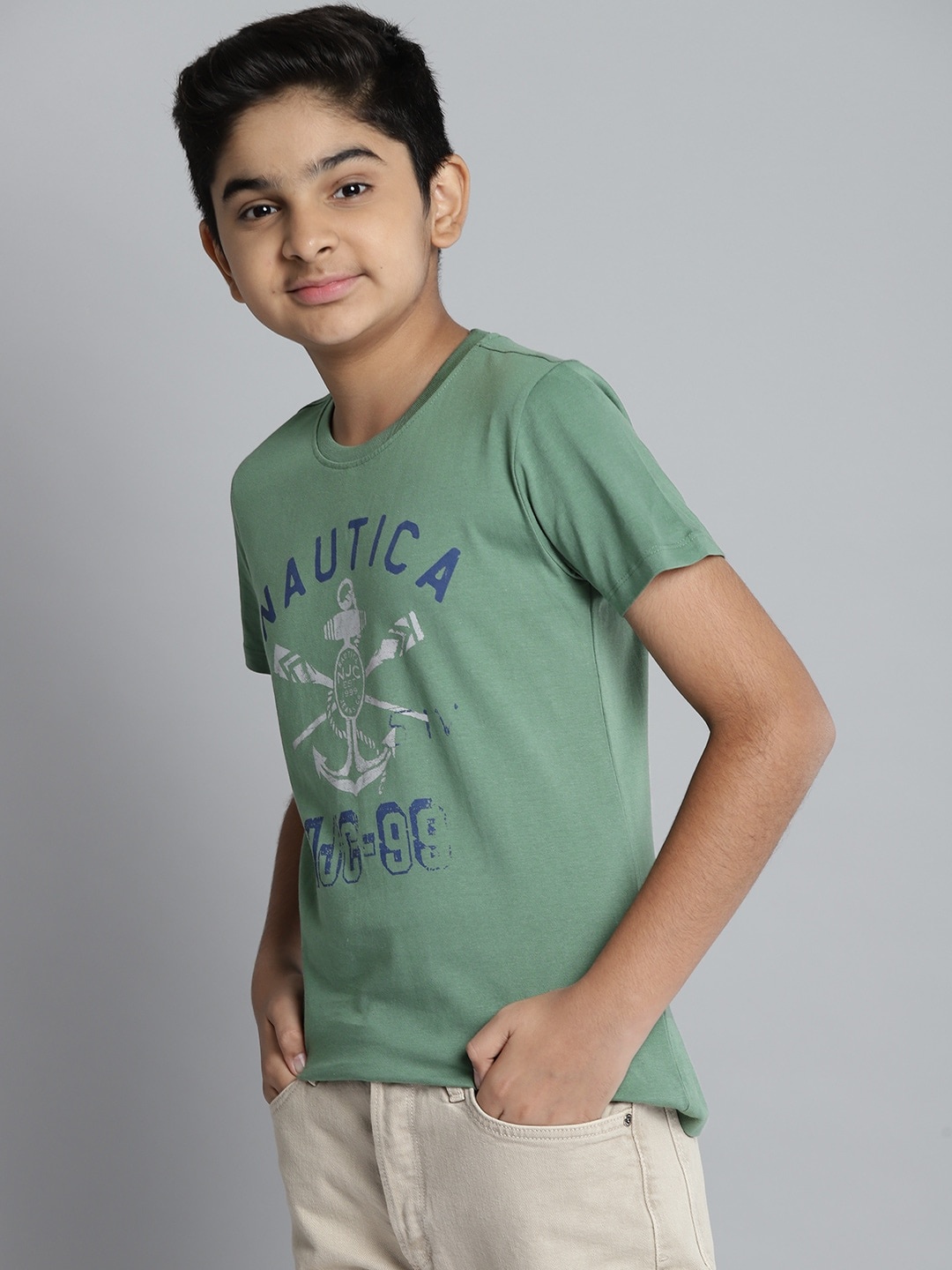 

Nautica Boys Green Brand Logo Print Round Neck Pure Cotton T-shirt