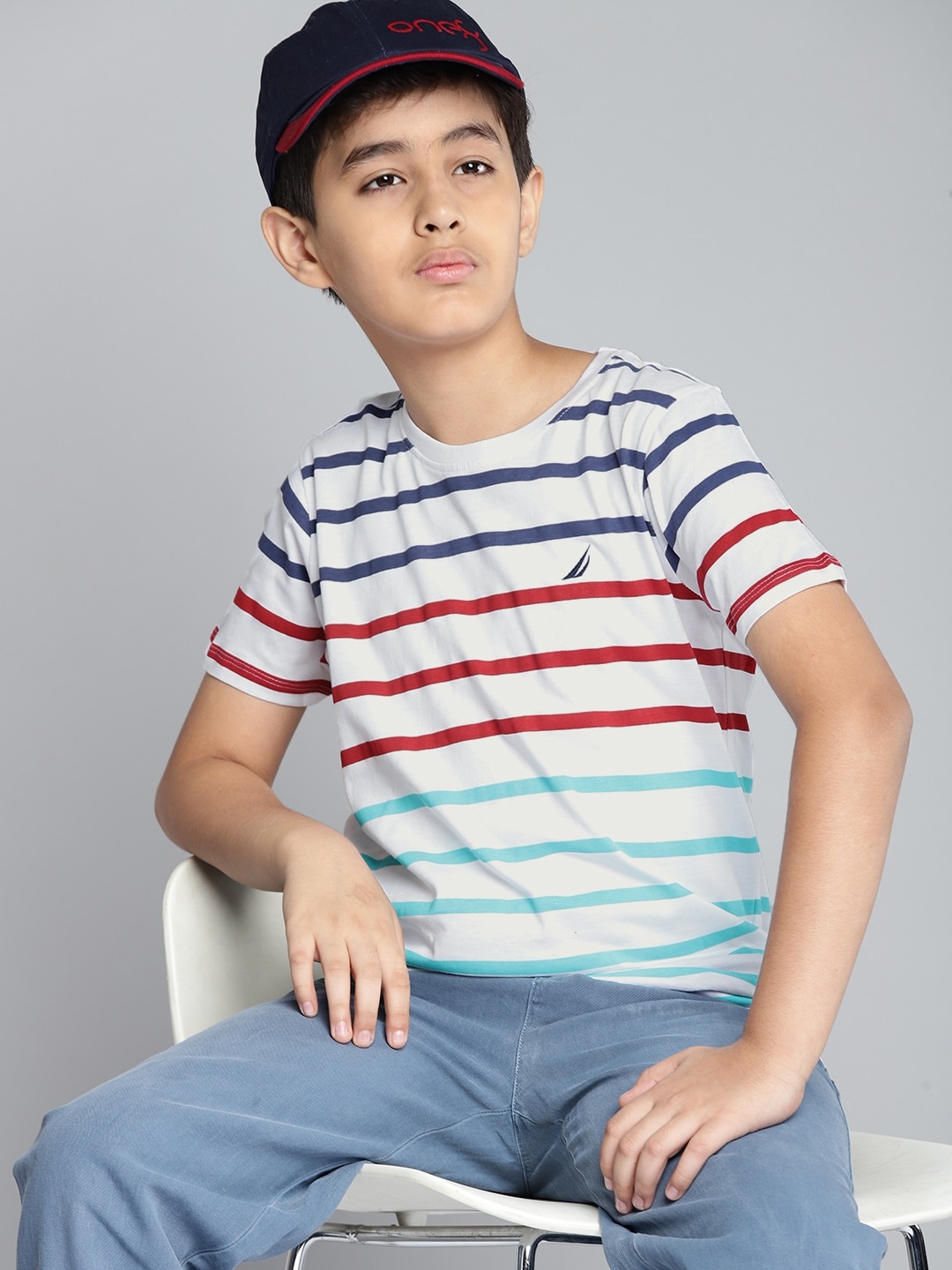 

Nautica Boys White & Blue Striped Round Neck Embroidered Pure Cotton T-shirt