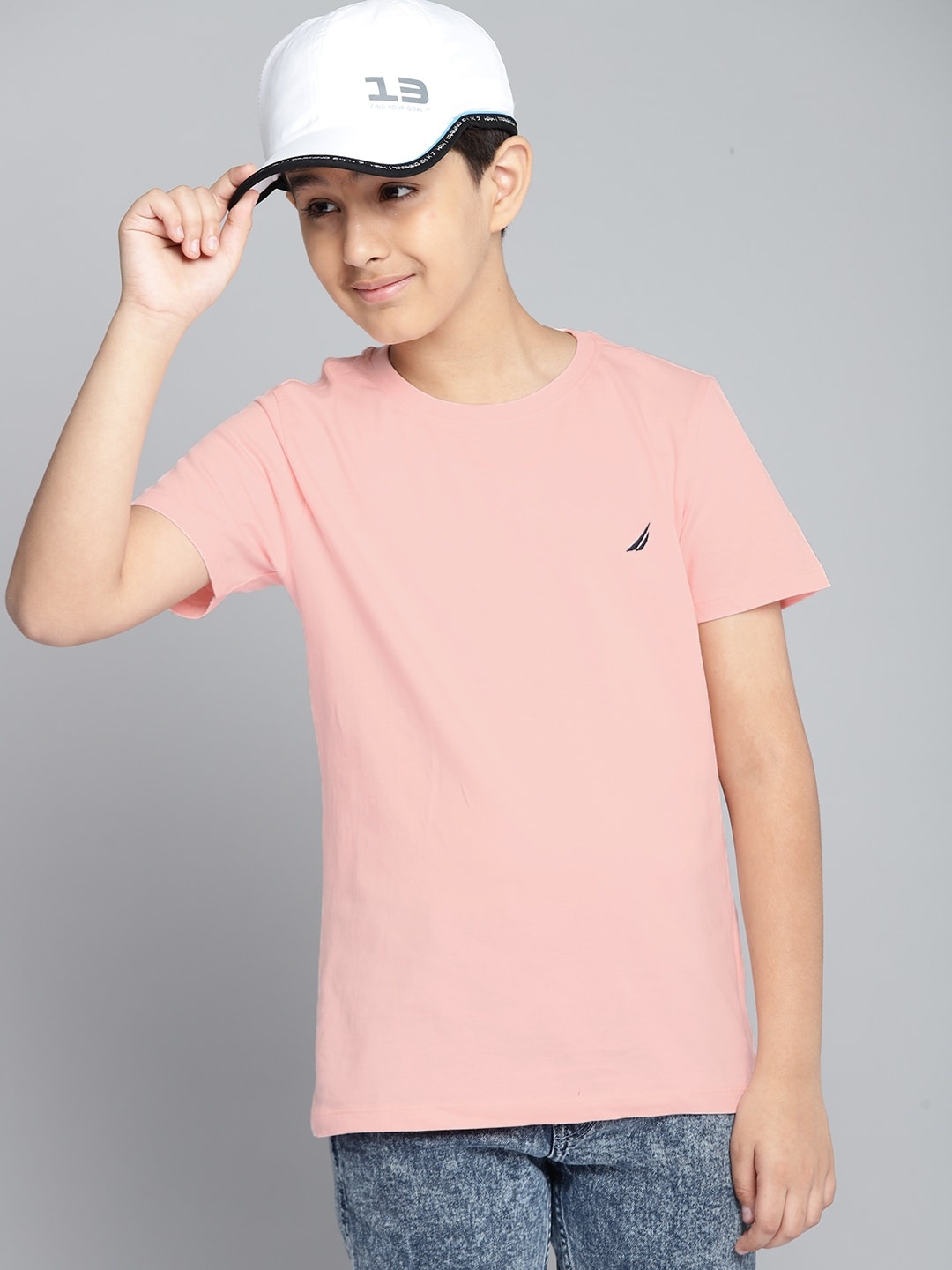 

Nautica Boys Pink Solid Round Neck Embroidered Pure Cotton T-shirt