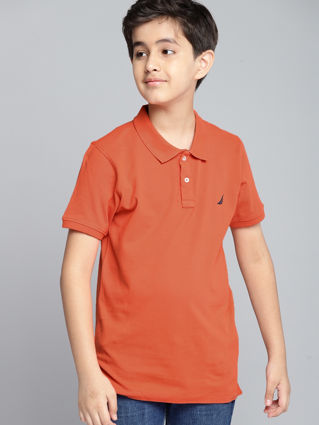 

Nautica Boys Orange Solid Polo Collar Embroidered Pure Cotton T-shirt