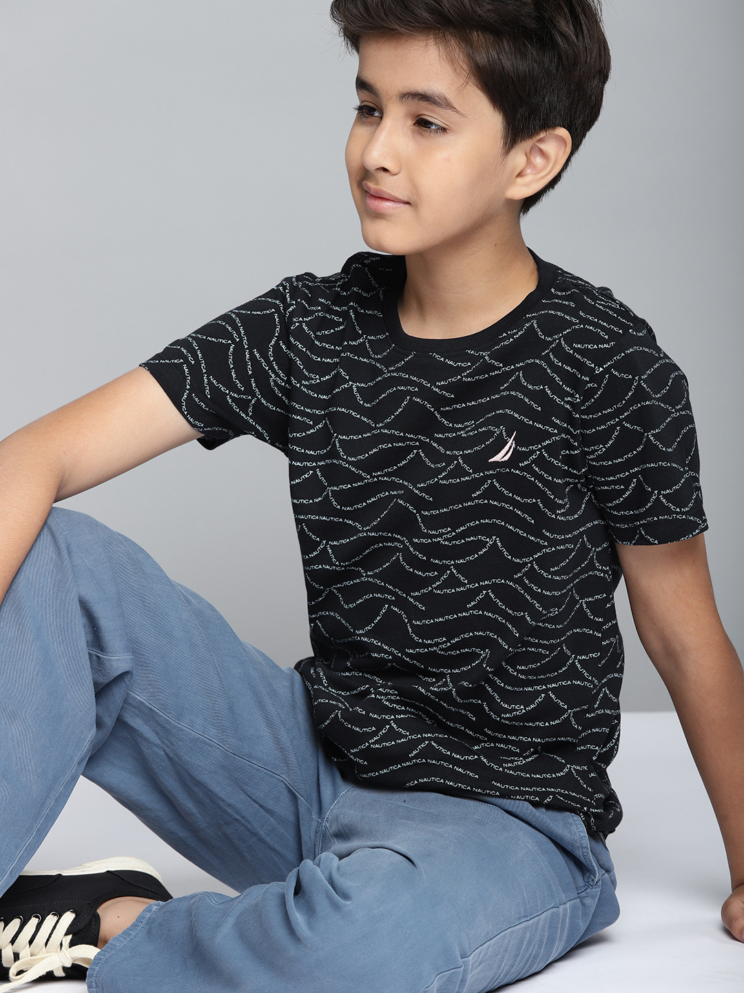 

Nautica Boys Navy Blue & White Brand Logo Print Embroidered Pure Cotton T-shirt