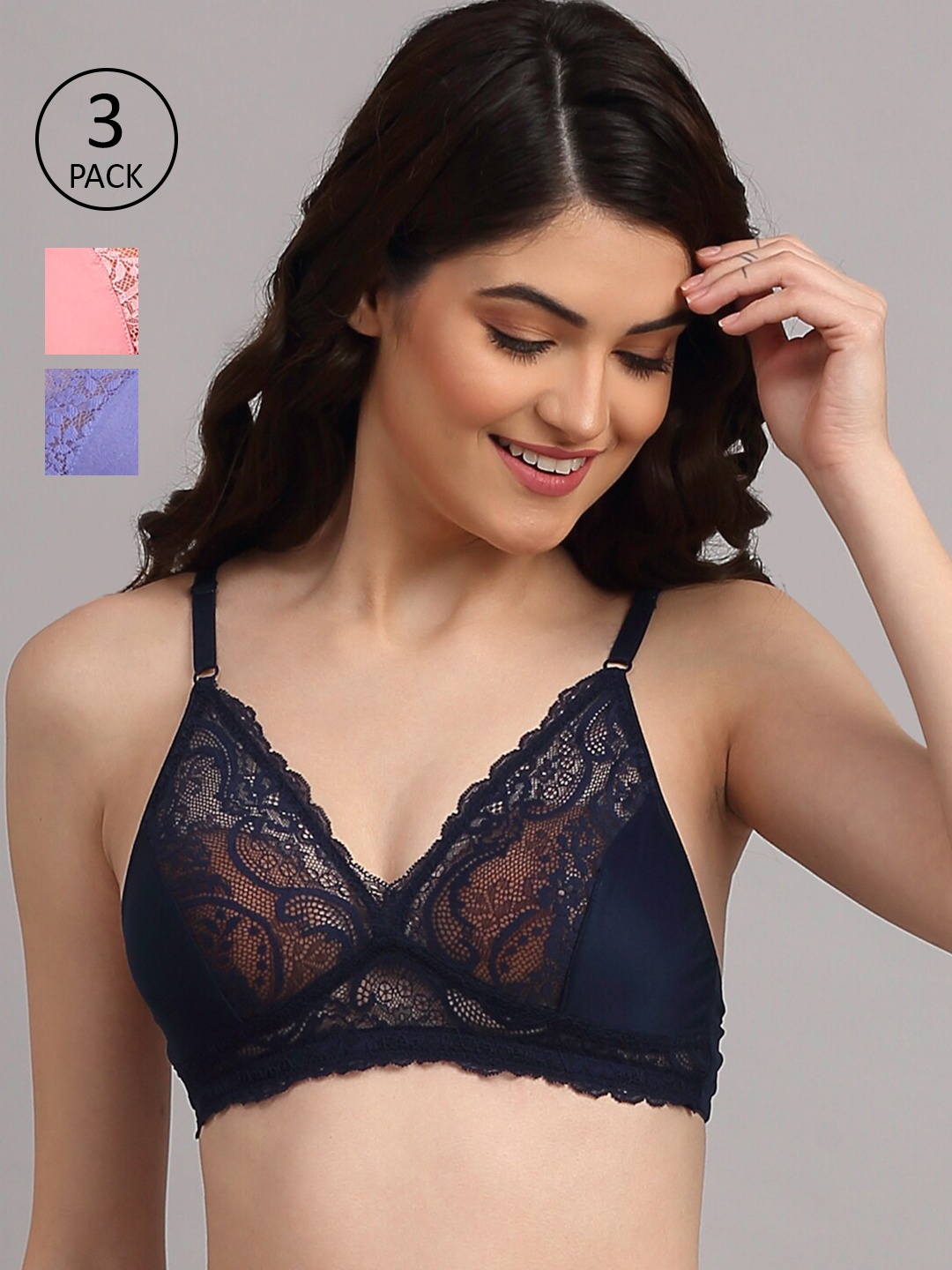 

EROTISSCH Pink & Black Pack of 3 Non Padded Non Wired Everyday Lace Bra