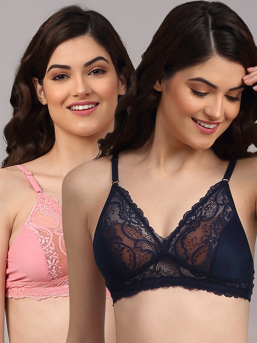 

EROTISSCH Navy Blue & Pink Pack of 2 Floral Bralette Bra