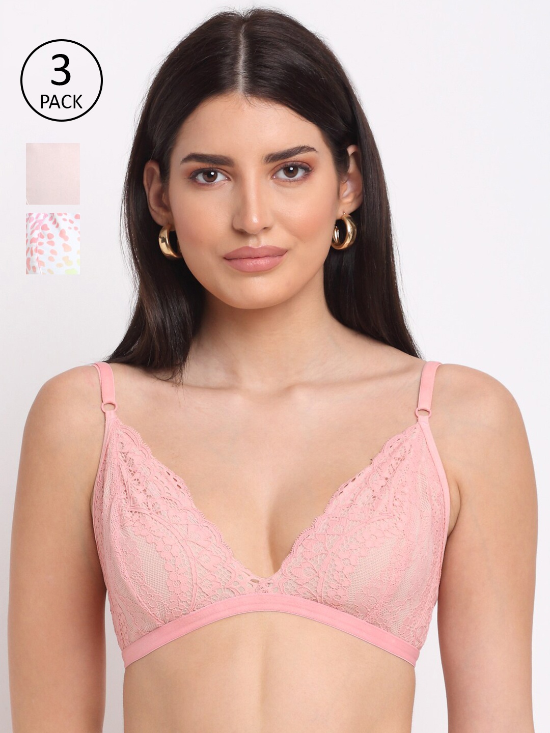 

EROTISSCH Pink & White Set of 3 Floral Bralette Bra