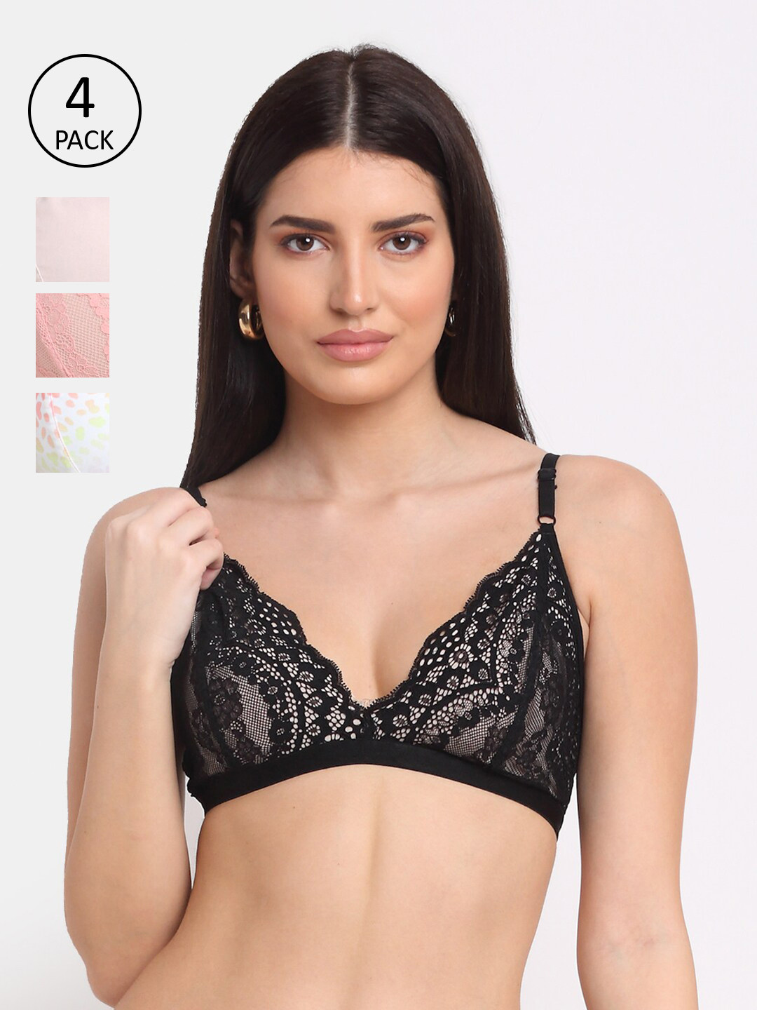

EROTISSCH Black & Pink Pack of 4 Non Padded Non Wired Everyday Lace Bra