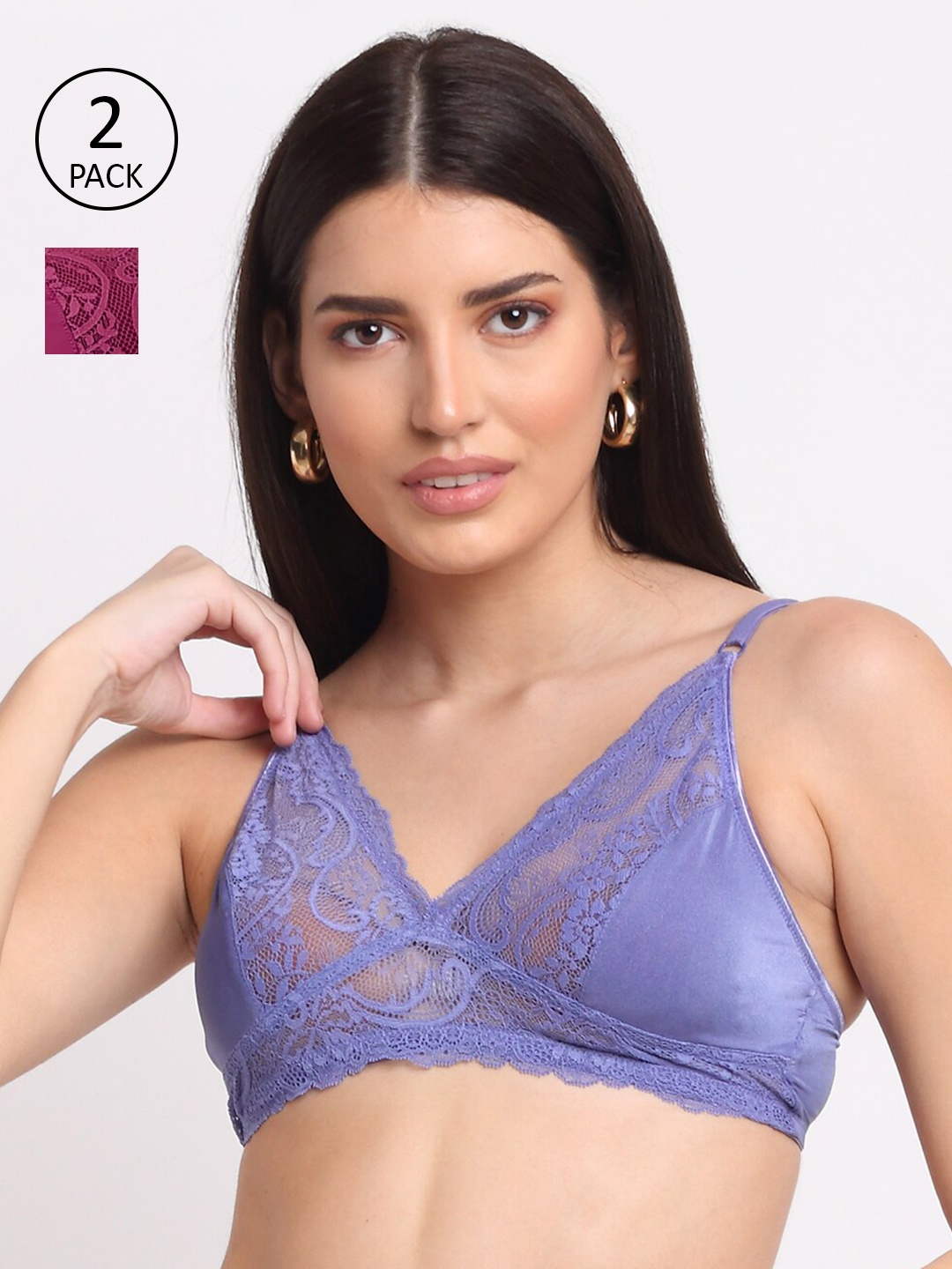 

EROTISSCH Purple & Blue Set Of 2 Floral Lace Non-Padded Bralette Bra