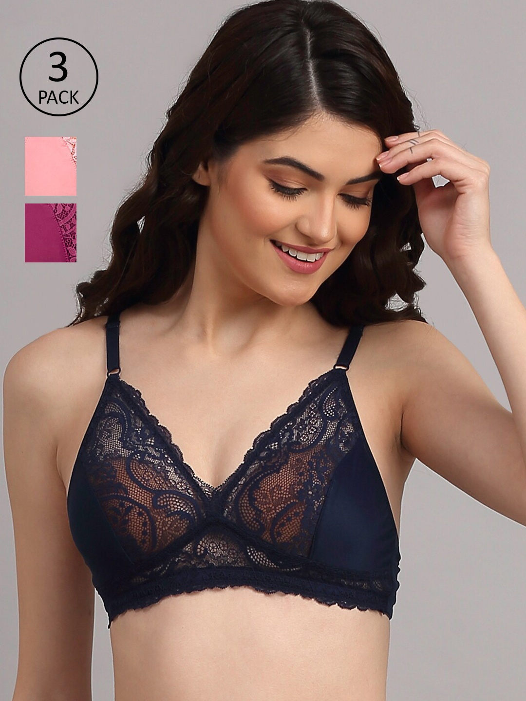 

EROTISSCH Pink & Purple Pack of 3 Non Padded Non Wired Everyday Lace Bra