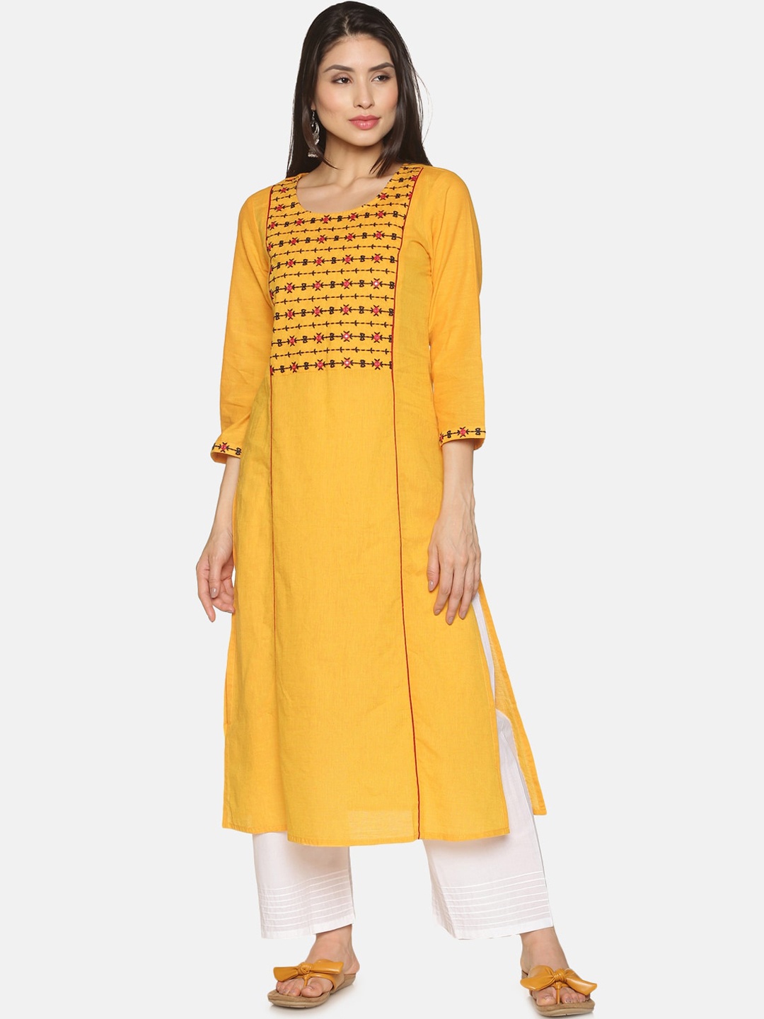 

Saffron Threads Women Mustard Yellow Yoke Embroidered Cotton Kurta