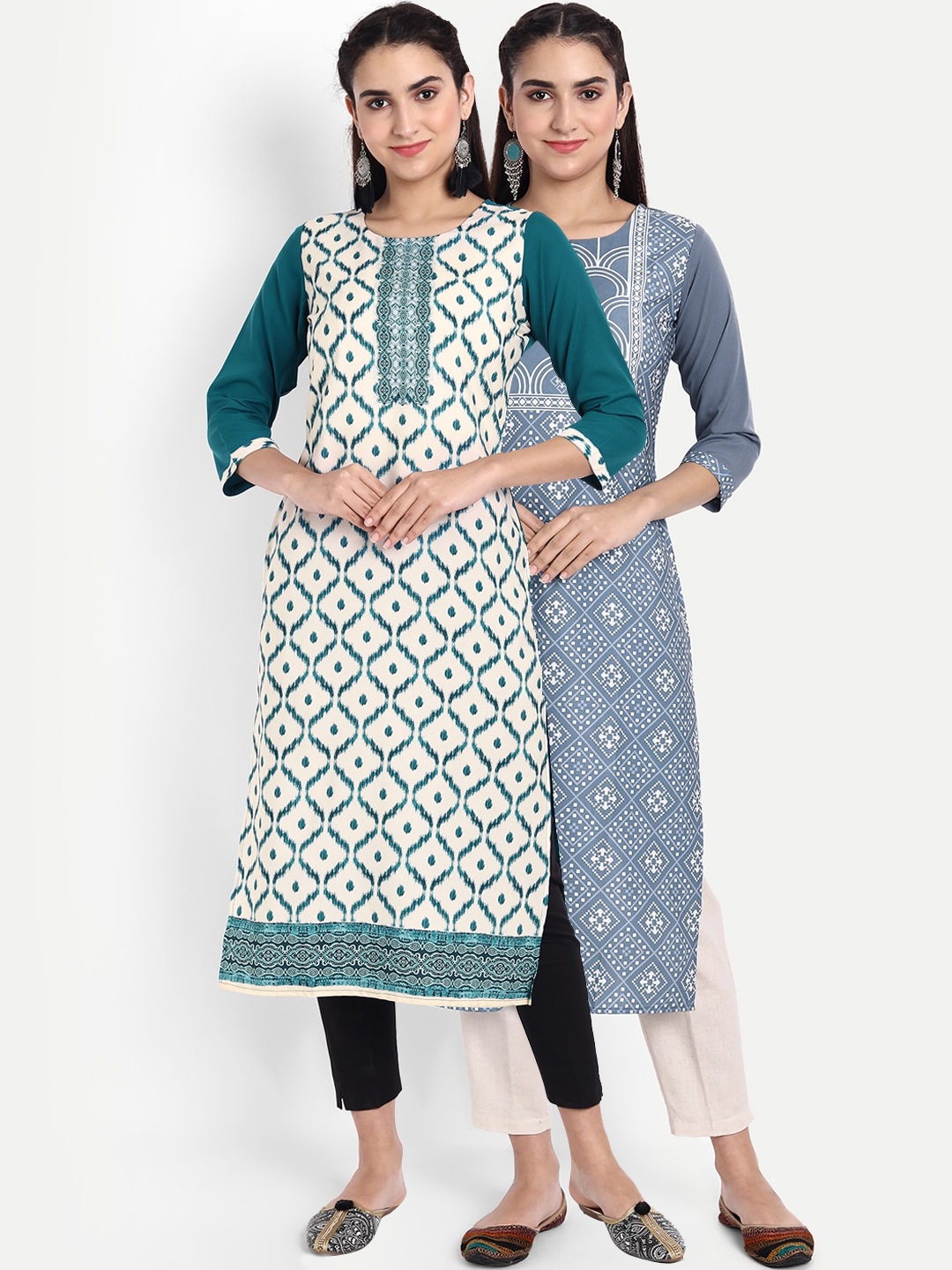 

Ethnic basket Women Pack Of 2 White & Green Ethnic Motifs Printed Kurta