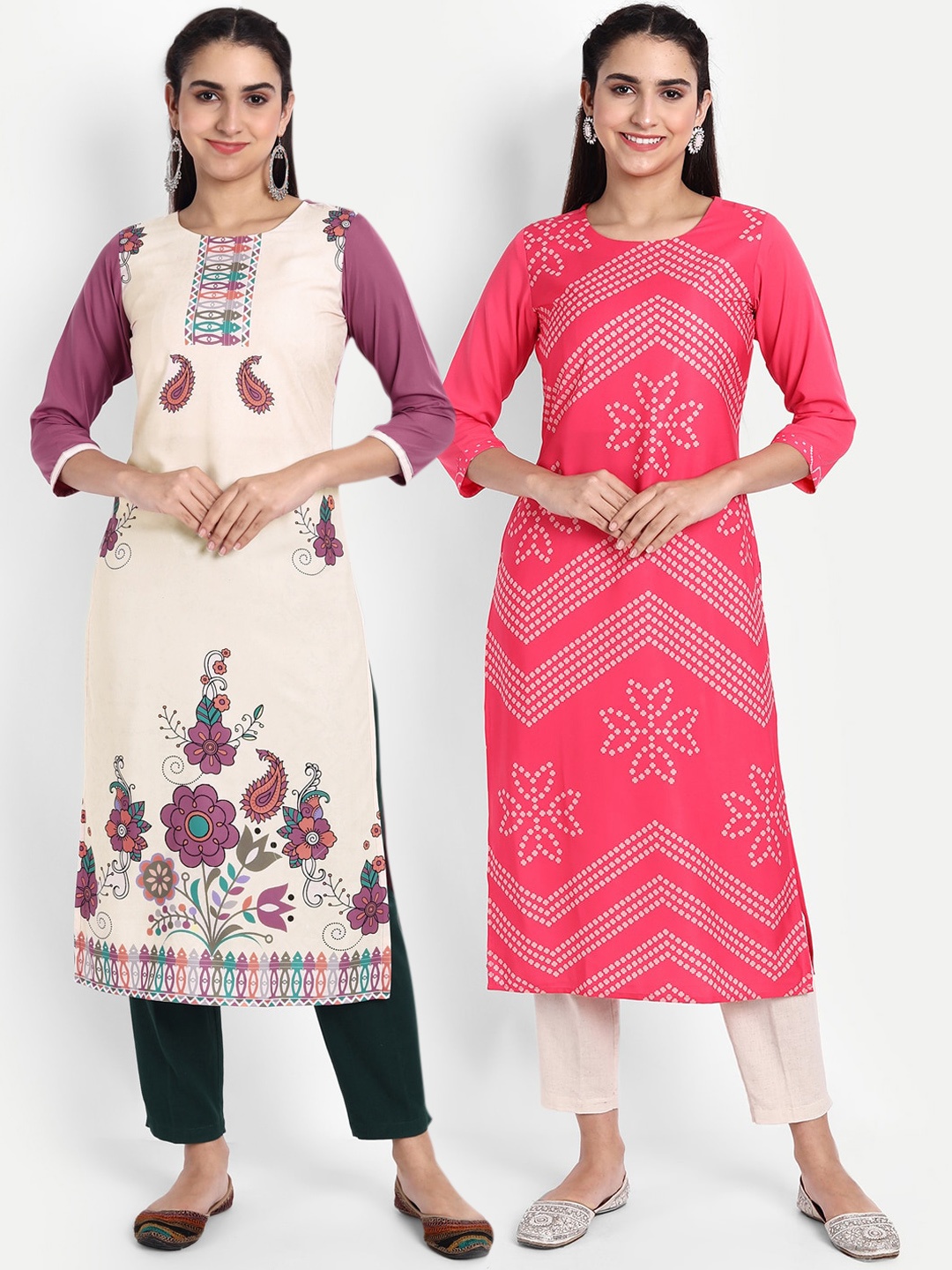 

Ethnic basket Women Pack Of 2 Cream & Pink Ethnic Motifs Printed Kurta, Multi