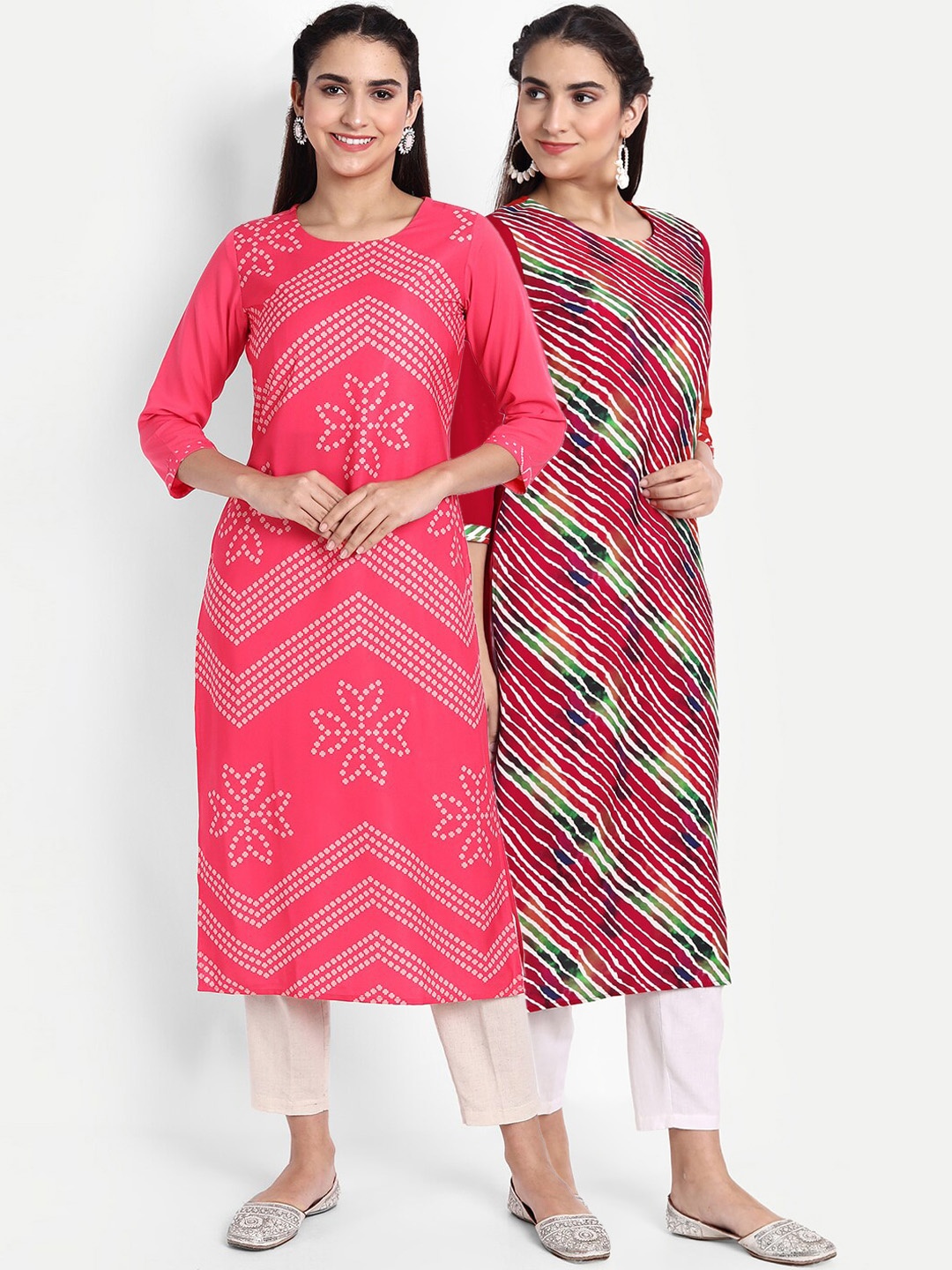 

Ethnic basket Women Pack Of 2 Pink & Maroon Leheriya Printed Kurta