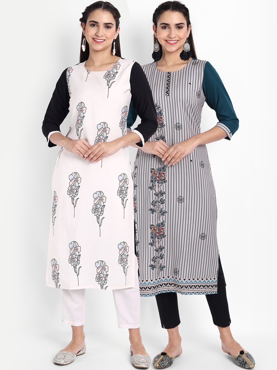 

Ethnic basket Women Multicoloured Ethnic Motifs Striped Thread Work Floral Crepe Kurta, Multi
