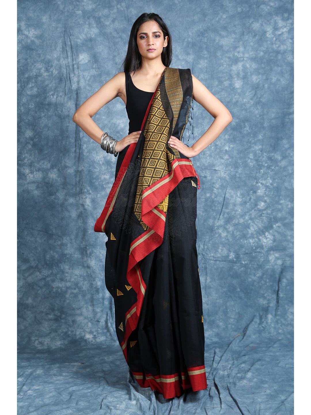 

Charukriti Black & Red Woven Design Handloom Saree
