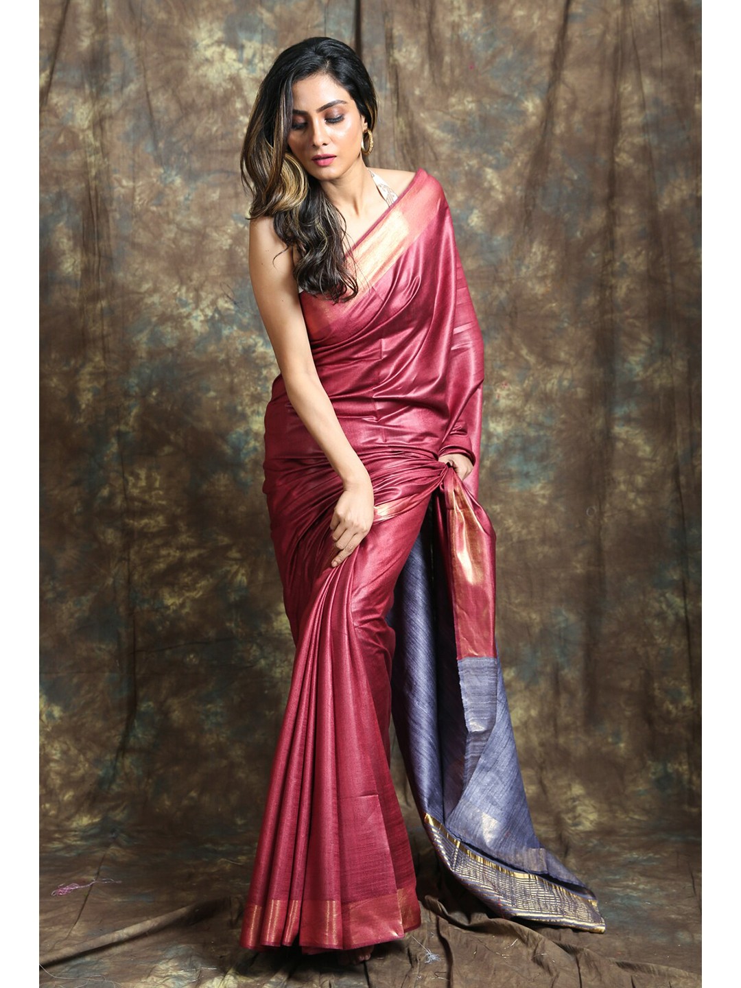

Charukriti Burgundy & Blue Pure Silk Handloom Saree