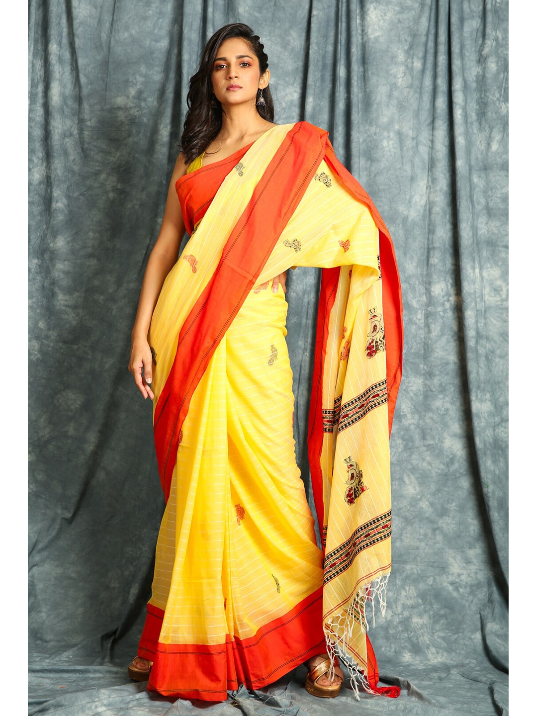 

Charukriti Yellow & Red Woven Design Pure Cotton Saree