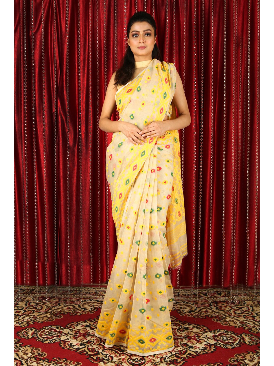 

Charukriti Beige & Yellow Woven Design Silk Cotton Handloom Jamdani Saree