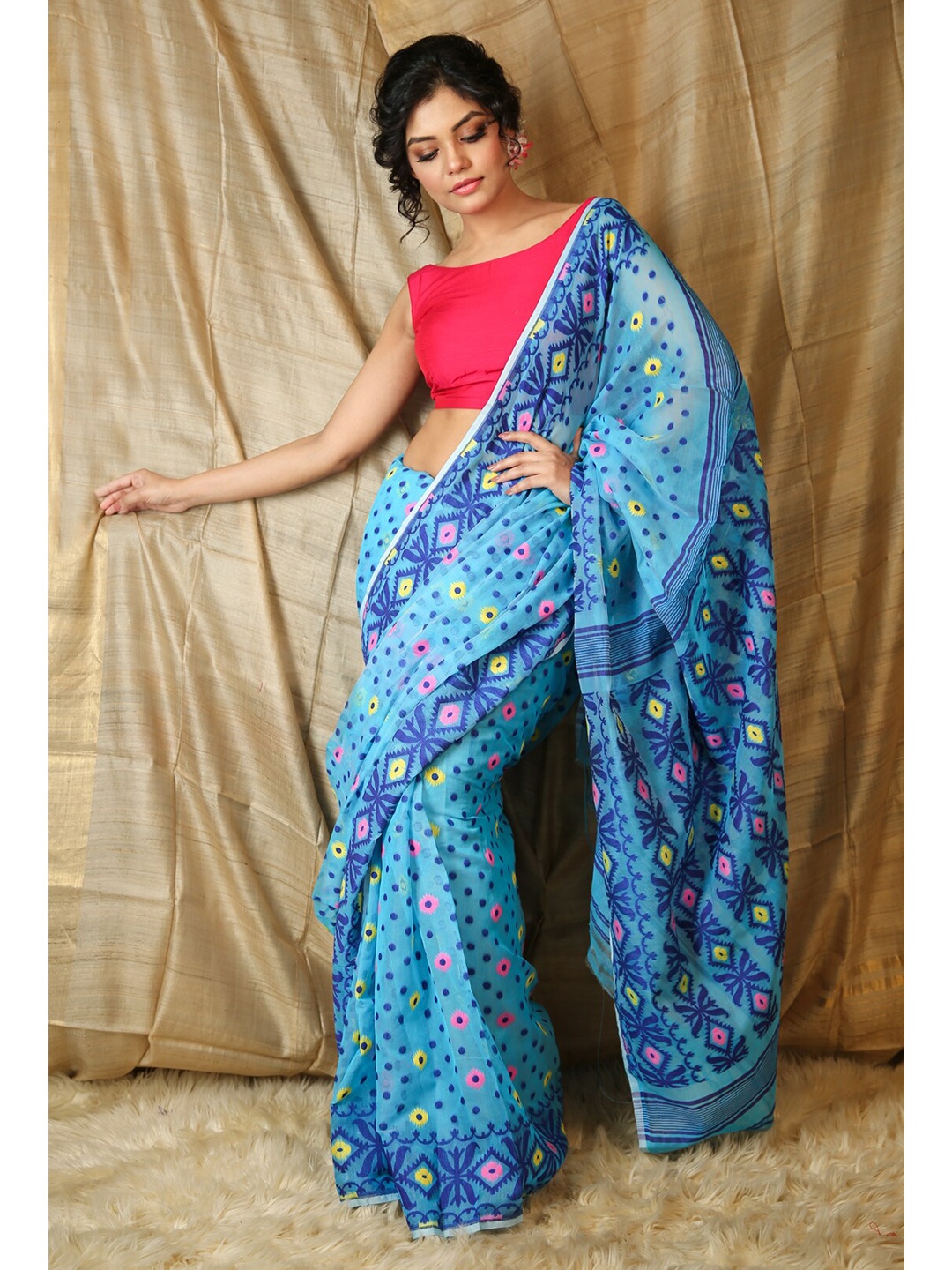 

Charukriti Blue & Multi Color Abstract Woven Design Silk Cotton Jamdani Saree
