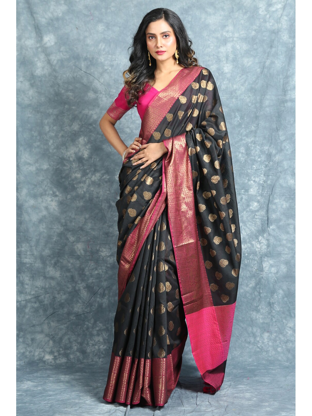 

Charukriti Black & Pink Woven Design Zari Silk Blend Saree