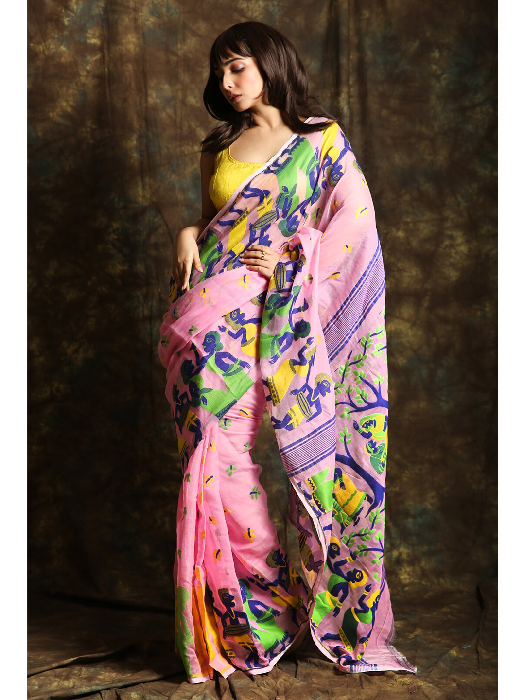 

Charukriti Pink & Green Woven Design Silk Cotton Jamdani Saree