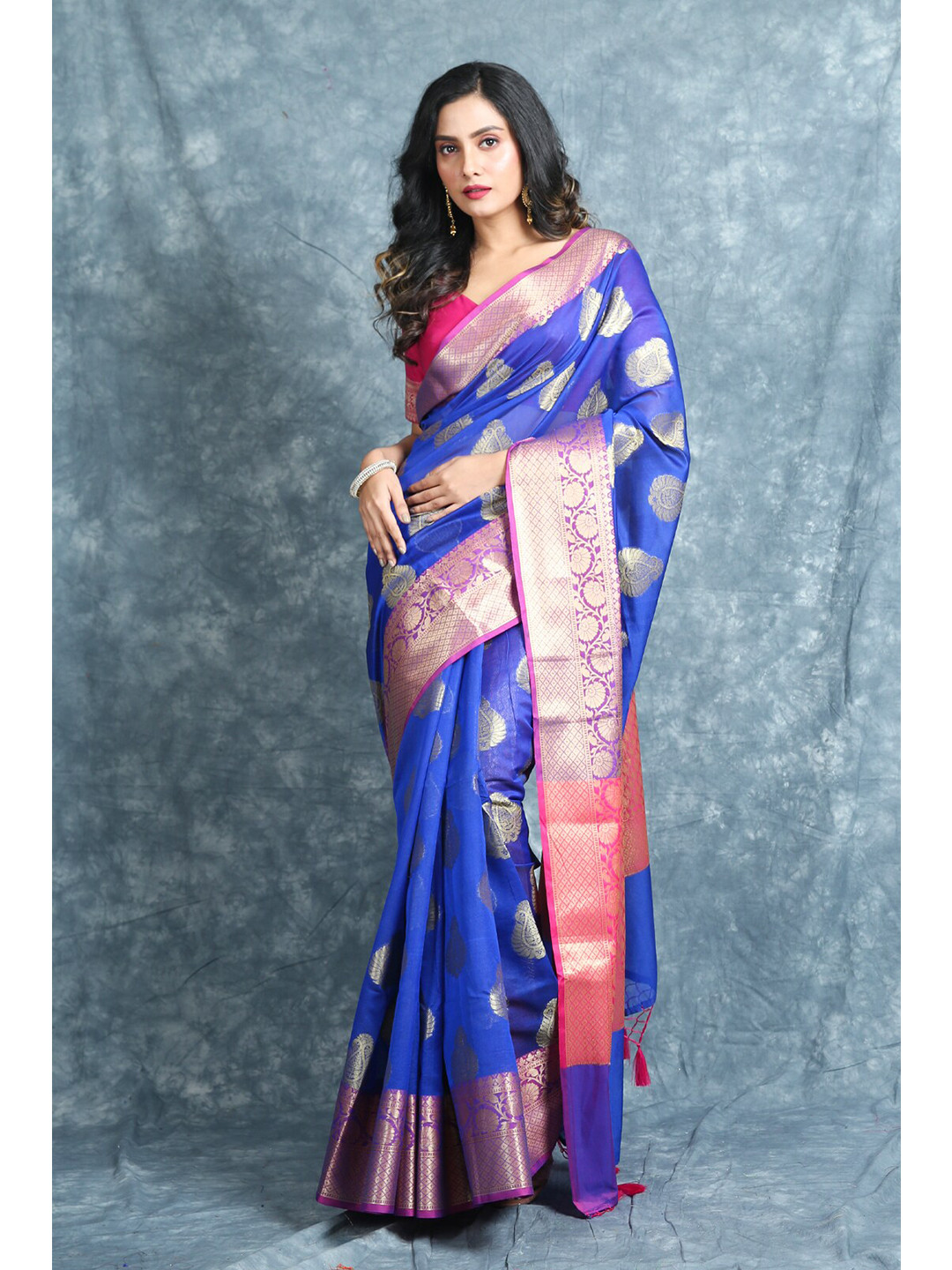 

Charukriti Blue & Pink Woven Design Zari Pure Cotton Saree