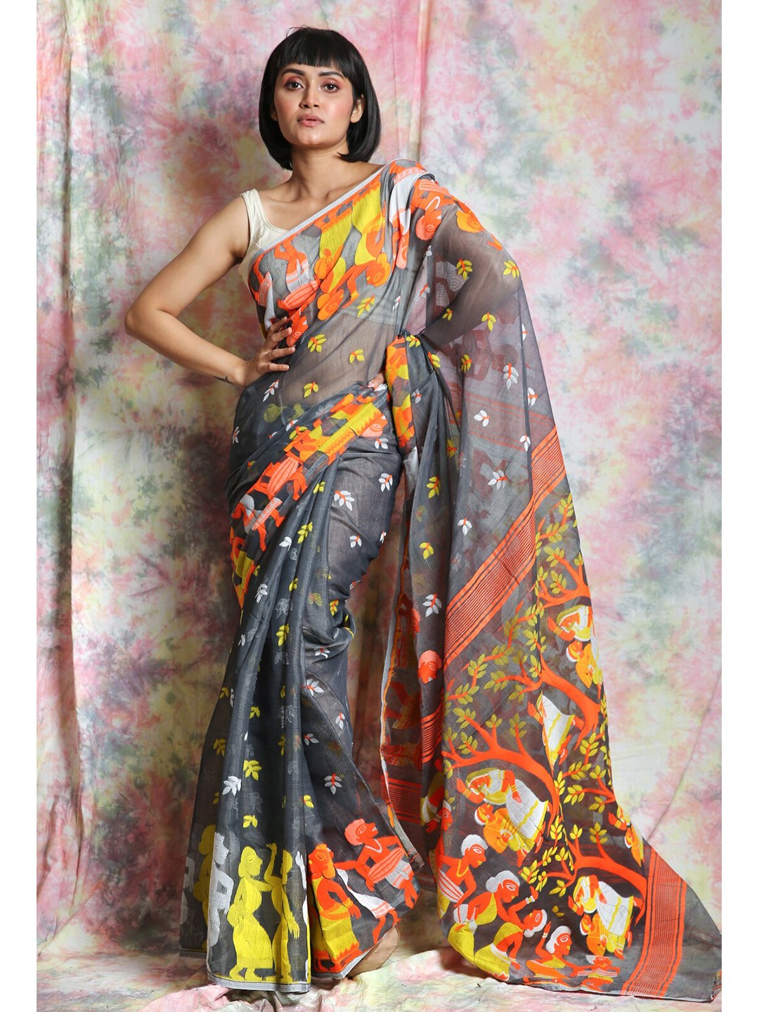 

Charukriti Grey & Multi Color Abstract Printed Silk Cotton Handloom Jamdani Saree