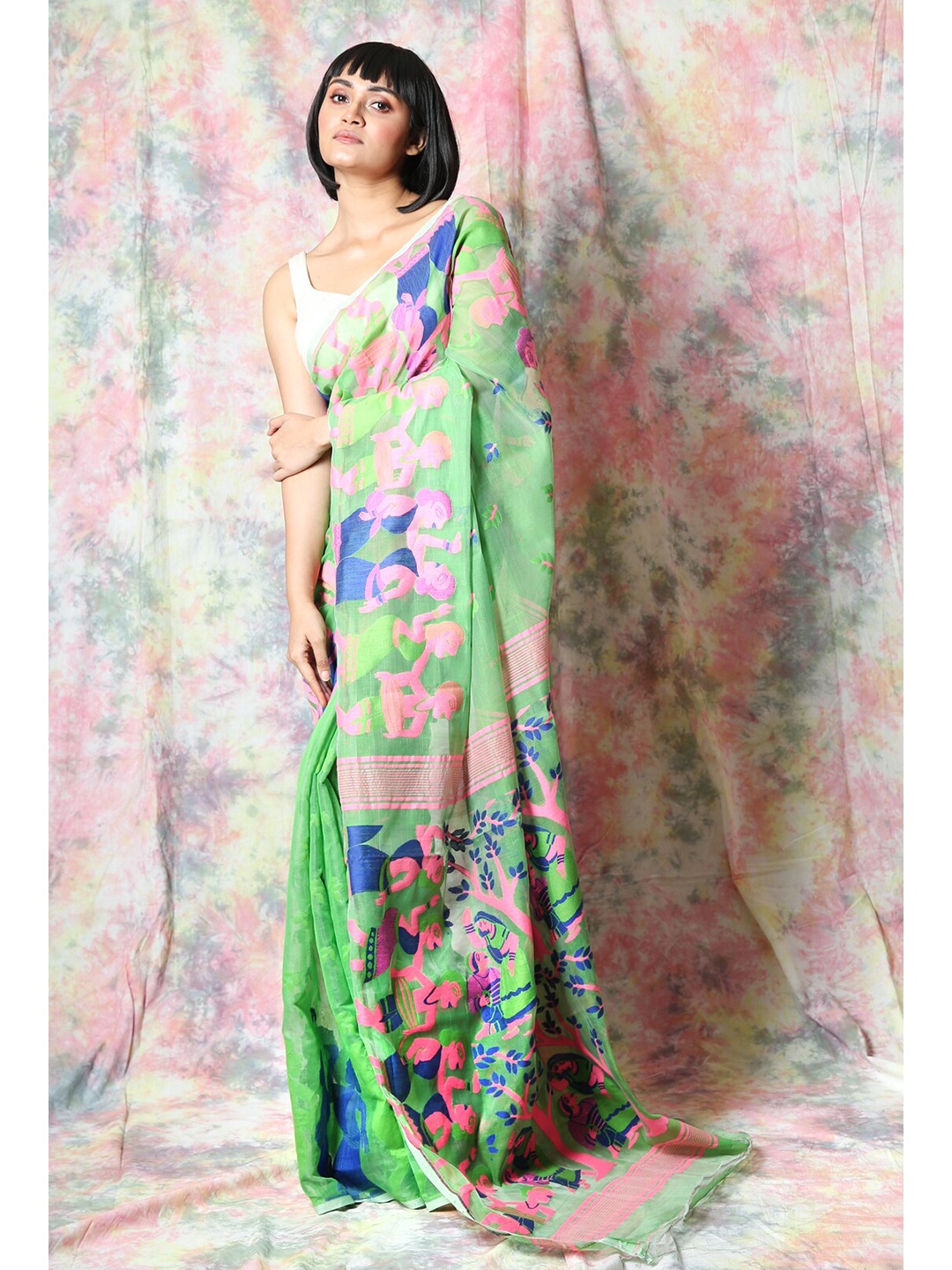 

Charukriti Green & Blue Ethnic Motifs Silk Cotton Jamdani Saree