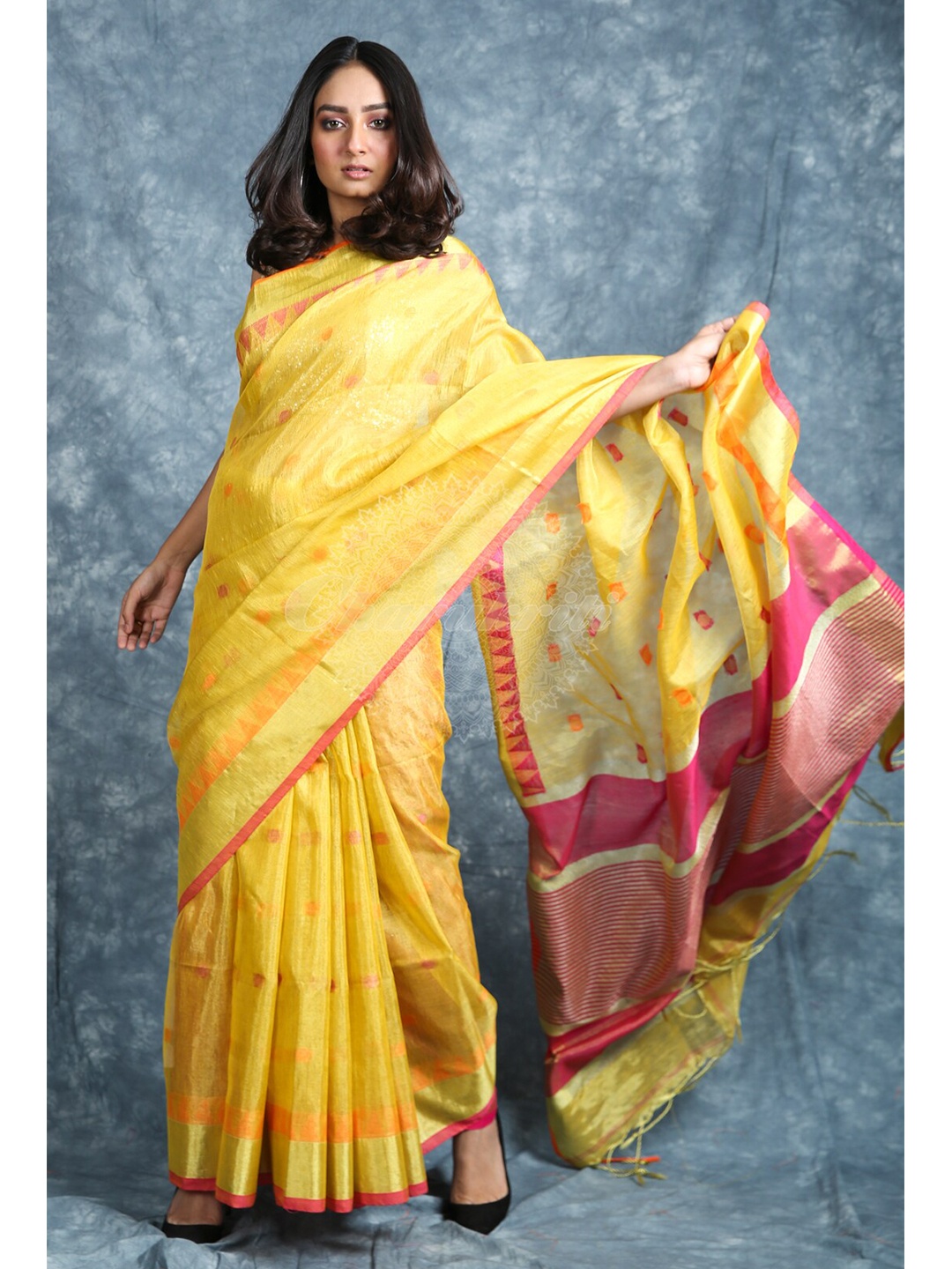 

Charukriti Yellow & Pink Woven Design Zari Border Tissue Handloom Saree
