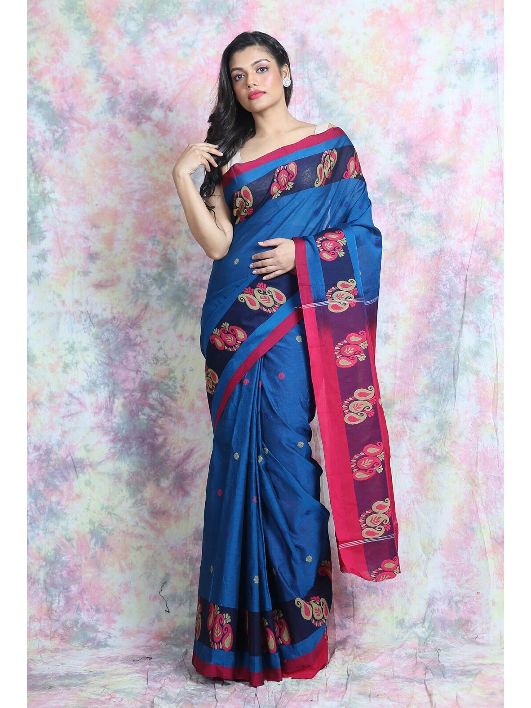 

Charukriti Blue & Pink Woven Design Saree