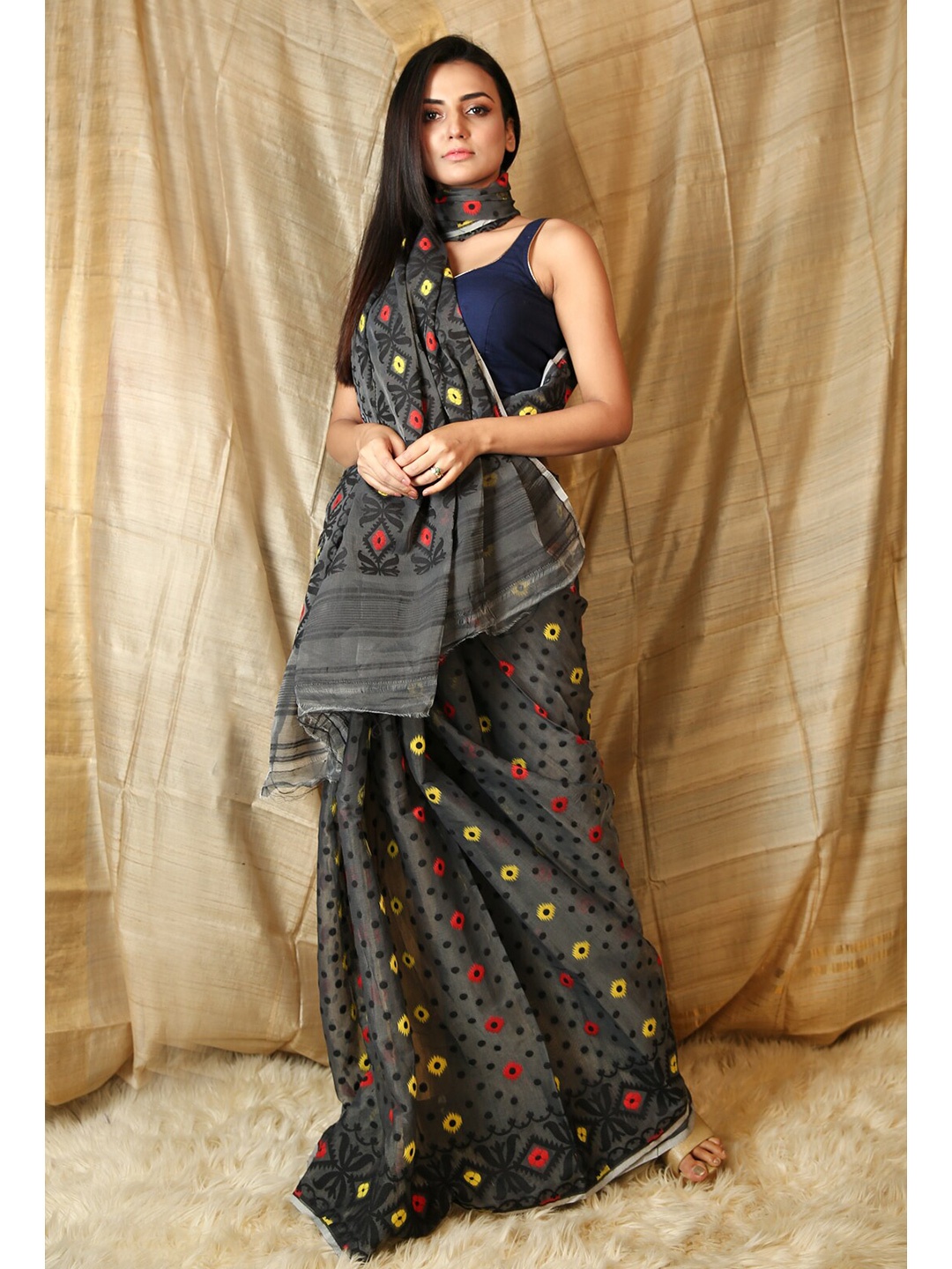 

Charukriti Grey & Multi Color Abstract Woven Design Jamdani Saree