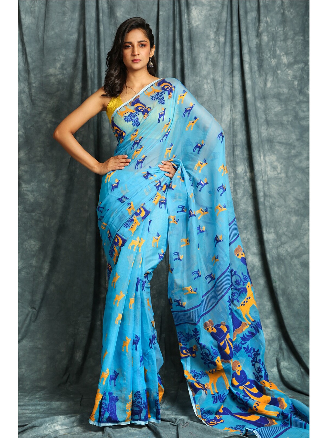 

Charukriti Blue & Orange Woven Design Silk Cotton Jamdani Saree