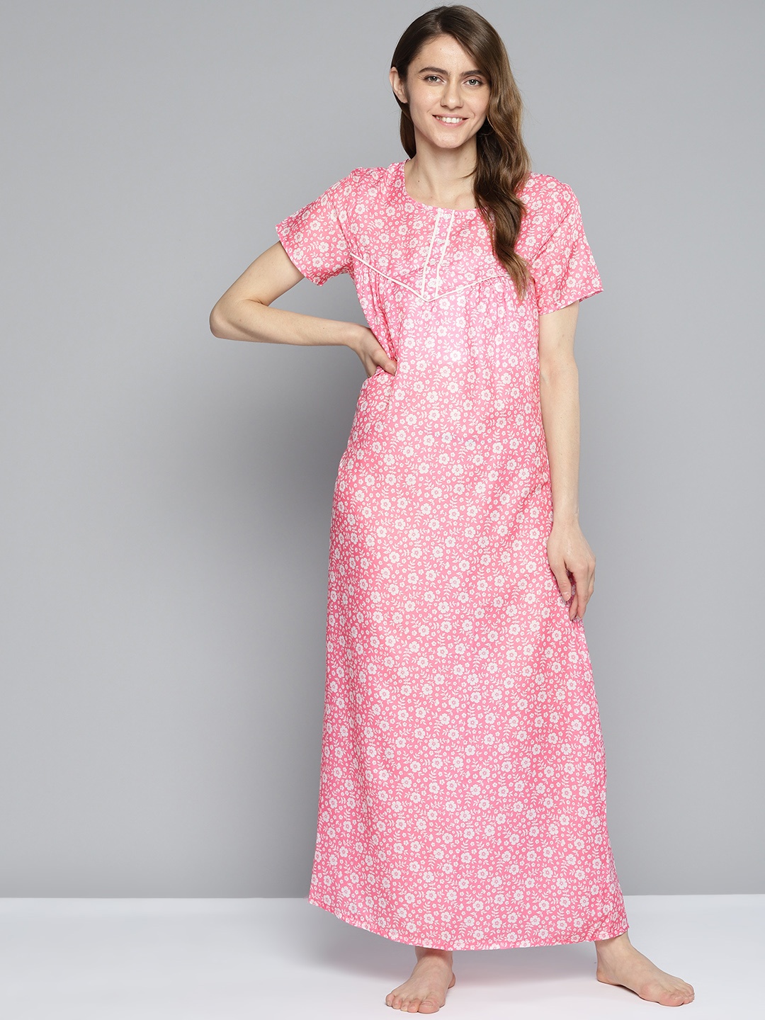 

HERE&NOW Pink & White Floral Printed Maxi Nightdress
