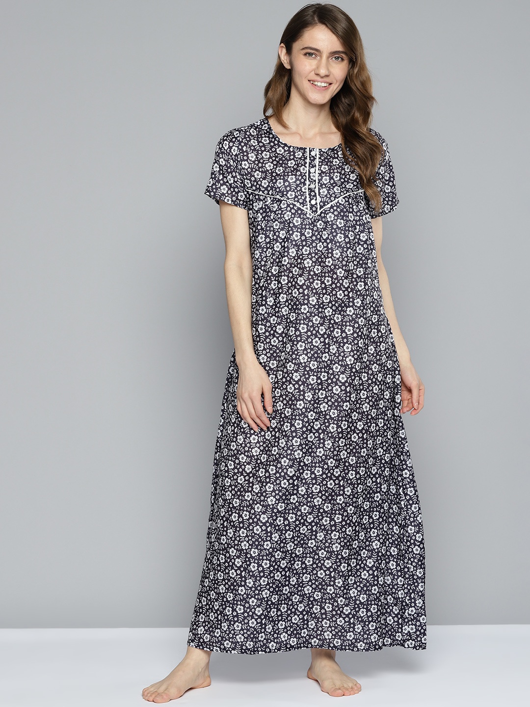 

HERE&NOW Black & White Floral Printed Maxi Nightdress