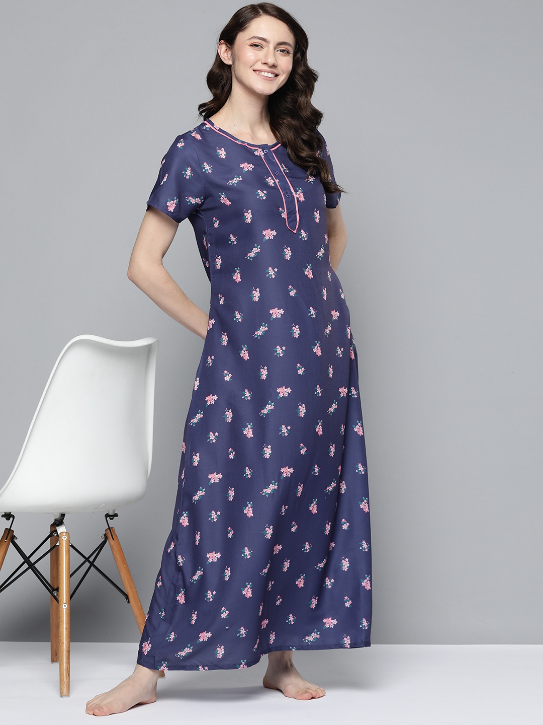 

HERE&NOW Navy Blue Printed Maxi Nightdress