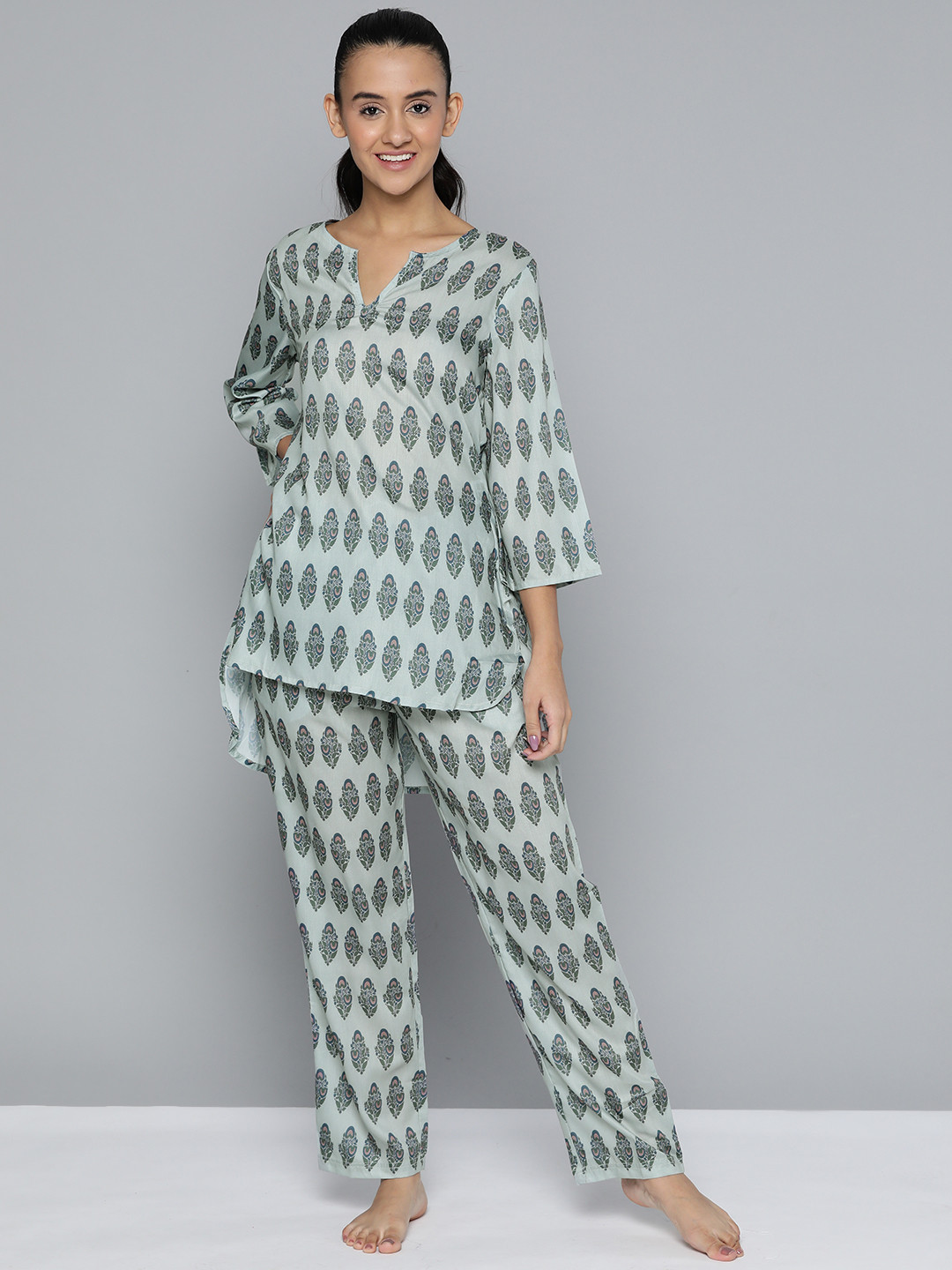 

HERE&NOW Women Ethnic Print Pyjama Set, Grey