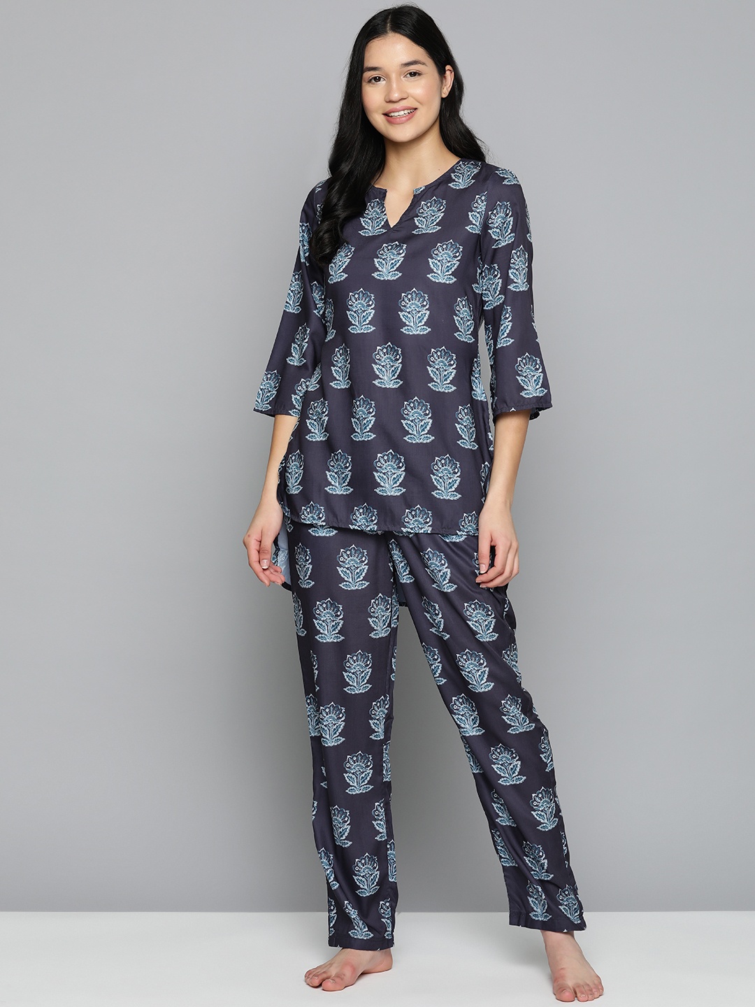 

HERE&NOW Ethnic Motifs Printed Pyjama Set, Navy blue