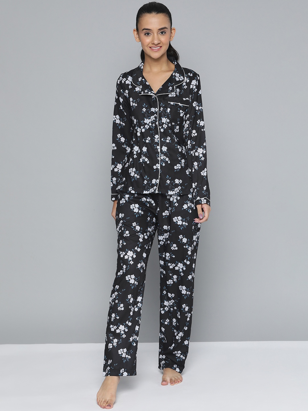 

HERE&NOW Women Floral Printed Pyjama Set, Black