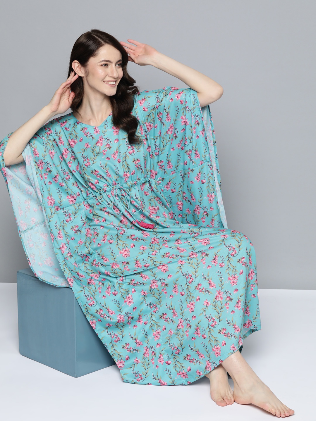 

HERE&NOW Blue Printed Maxi Kaftan Nightdress