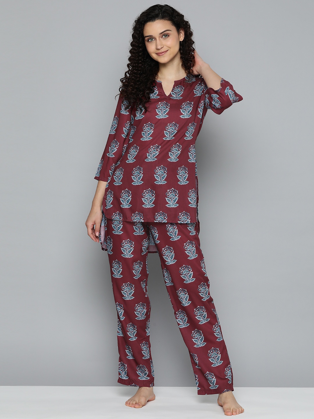 

HERE&NOW Floral Printed Pyjama Set, Burgundy