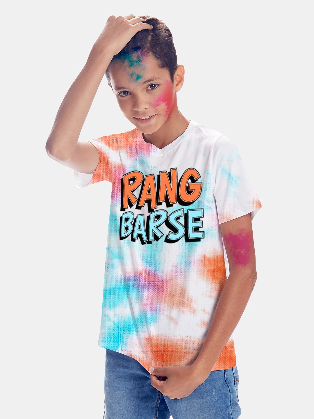 

BONKIDS Boys White & Blue Printed Cotton Holi T-shirt
