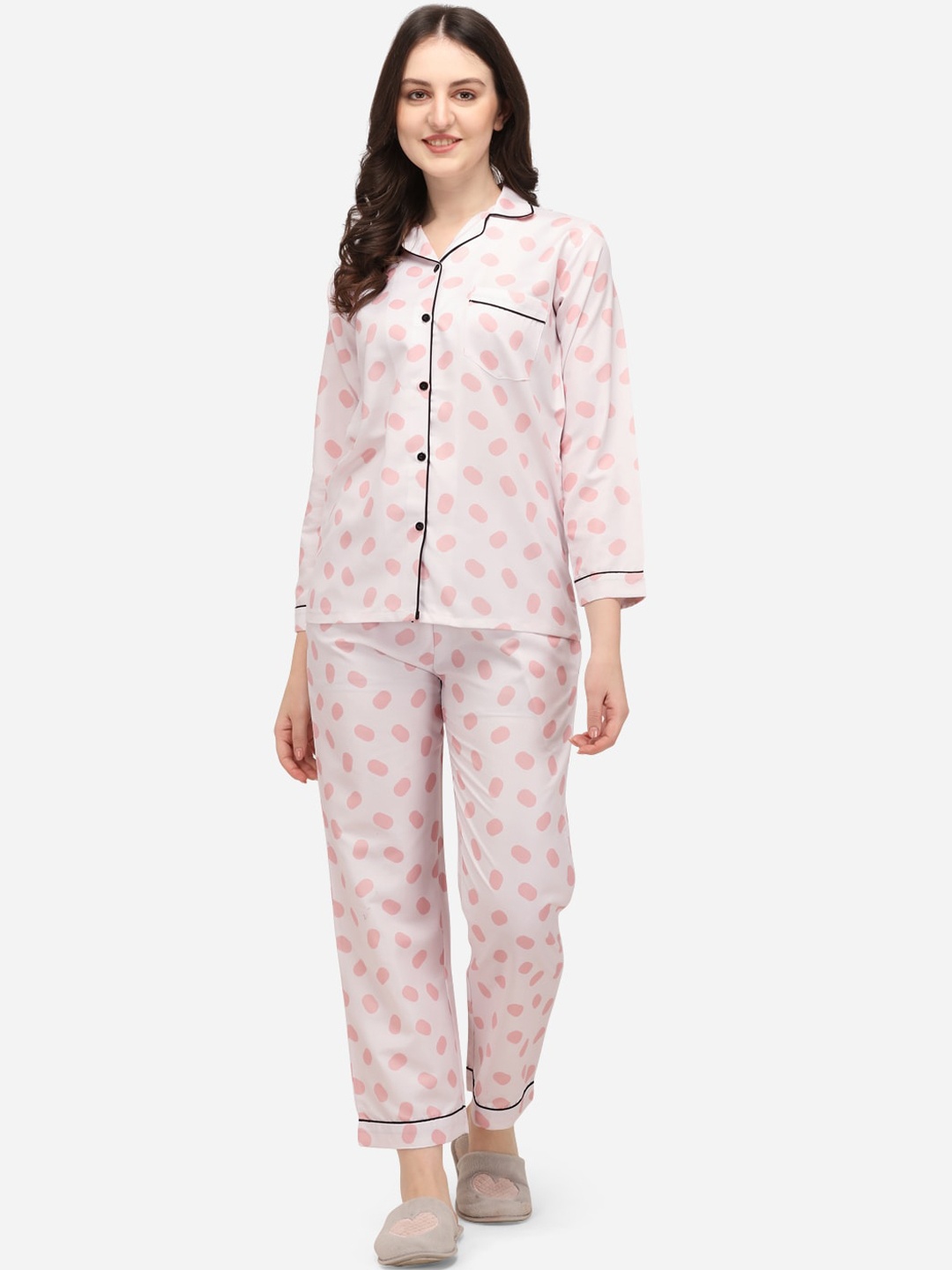 

House of JAMMIES Women White & Pink Polka Dots Printed Night Suits