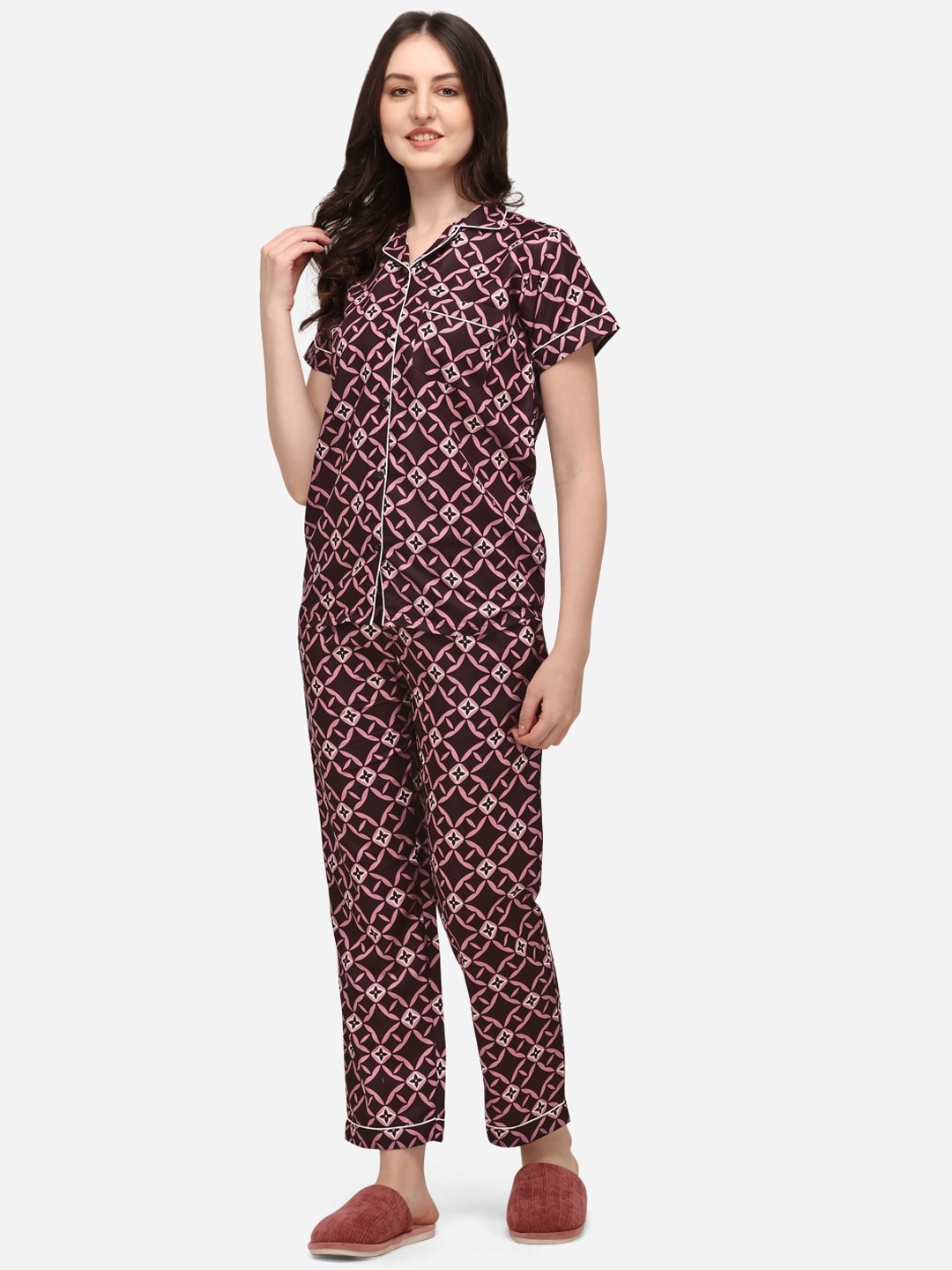 

House of JAMMIES Women Maroon & White Printed Night Suit