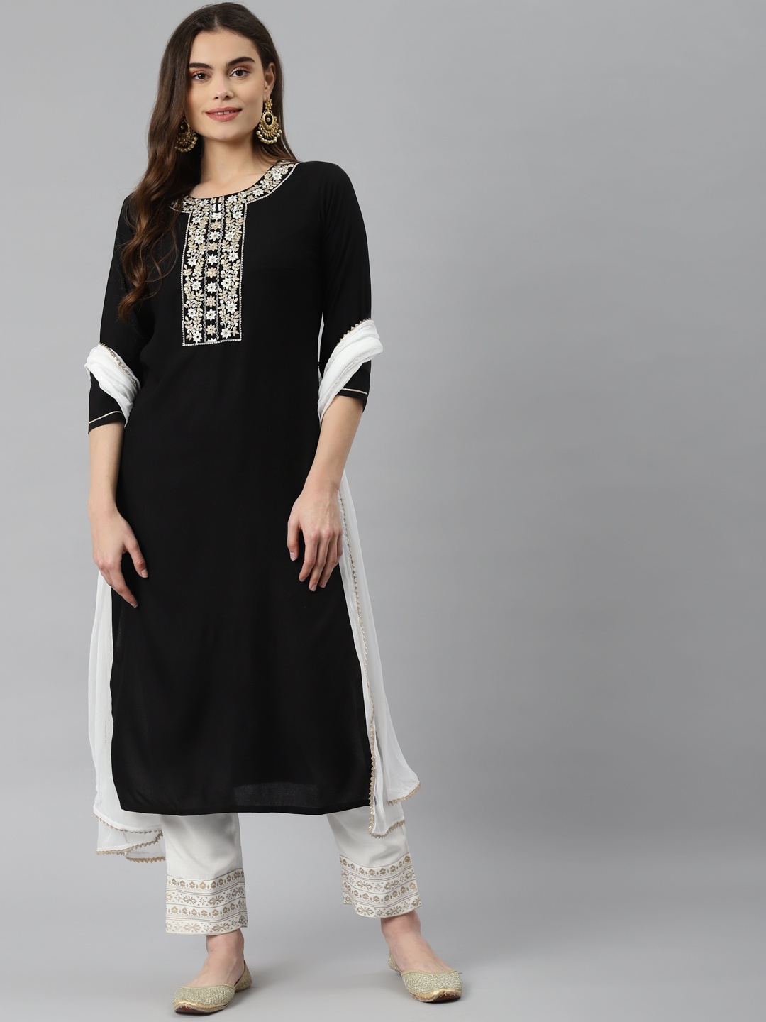 

Nirkhi Women Black Floral Embroidered Thread Work Kurta with Palazzos & Dupatta