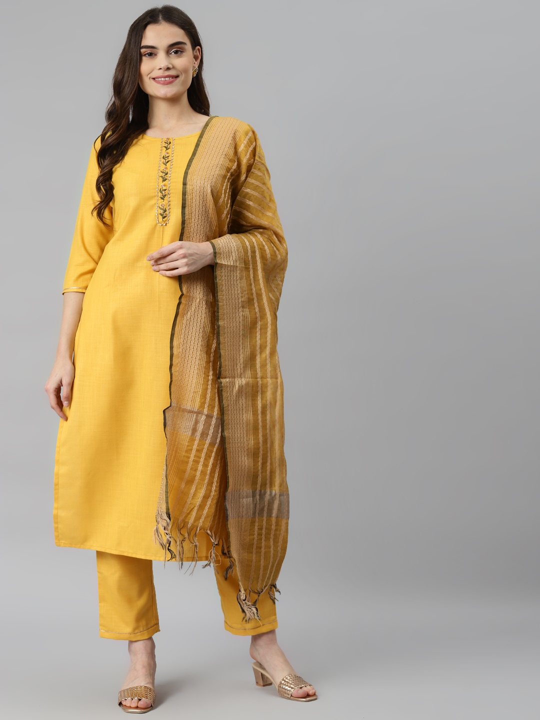 

Nirkhi Women Mustard Yellow Embroidered Pure Cotton Kurta with Trousers & Dupatta